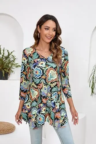 ENMAIN Ayollar tunikalari Topslari 3/4 Uzunlikdagi Yeng Plus Size Leggingslar bilan kiyish uchun uzun toplar Kundalik keng bichimli ko'ylaklar Oqimli bluzkalar - 2