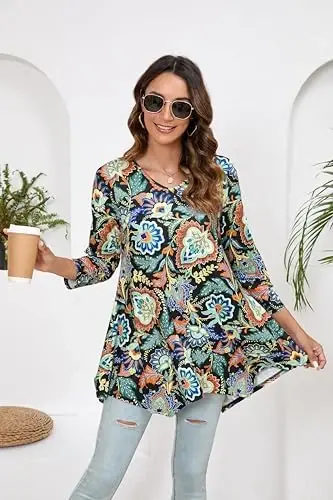 ENMAIN Ayollar tunikalari Topslari 3/4 Uzunlikdagi Yeng Plus Size Leggingslar bilan kiyish uchun uzun toplar Kundalik keng bichimli ko'ylaklar Oqimli bluzkalar - 3