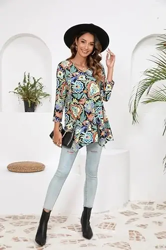 ENMAIN Ayollar tunikalari Topslari 3/4 Uzunlikdagi Yeng Plus Size Leggingslar bilan kiyish uchun uzun toplar Kundalik keng bichimli ko'ylaklar Oqimli bluzkalar - 6
