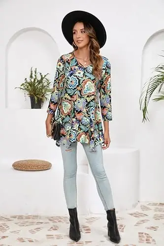 ENMAIN Ayollar tunikalari Topslari 3/4 Uzunlikdagi Yeng Plus Size Leggingslar bilan kiyish uchun uzun toplar Kundalik keng bichimli ko'ylaklar Oqimli bluzkalar - 7