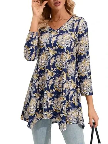 ENMAIN Ayollar Tunikasi Tepalari 3/4 Uzunlikdagi Yengli Plus Size Leggingslar Bilan Kiyish Uchun Uzun Tepalar Kundalik Keng Kesimli Hashamatli Erkin Bluzkalar 