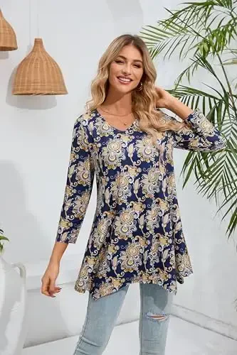 ENMAIN Ayollar Tunikasi Tepalari 3/4 Uzunlikdagi Yengli Plus Size Leggingslar Bilan Kiyish Uchun Uzun Tepalar Kundalik Keng Kesimli Hashamatli Erkin Bluzkalar - 3