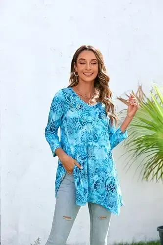 ENMAIN Ayollar Tunikasi Toplari 3/4 Uzunlikdagi Yeng Plus Size Leggingslar bilan Kiyish uchun Uzun Toplar Kundalik Bo'sh Fit Ko'ylaklar Erkin Bluzkalar - 2