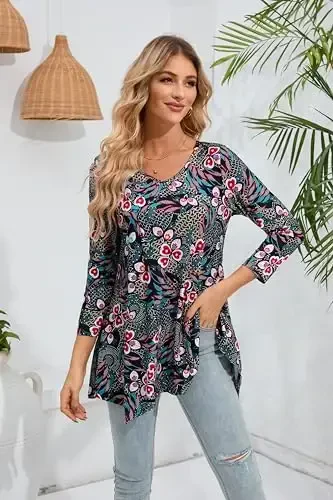 ENMAIN Ayollar Tunikasi Toplari 3/4 Uzunlikdagi Yengli Katta O'lchamli Legginglar bilan Kiyish uchun Uzun Toplar Kundalik Bo'sh Fit Badiiy Oqimli Bluzkalar - 3