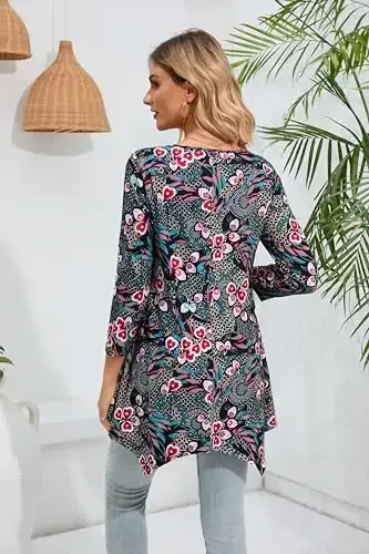 ENMAIN Ayollar Tunikasi Toplari 3/4 Uzunlikdagi Yengli Katta O'lchamli Legginglar bilan Kiyish uchun Uzun Toplar Kundalik Bo'sh Fit Badiiy Oqimli Bluzkalar - 5