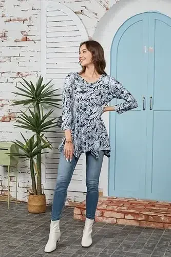 ENMAIN Ayollar Tunikasi Toplari 3/4 Uzunlikdagi Yengli Katta O'lchamli Uzun Toplar Leggingslar bilan Kiyish uchun Kundalik Keng Fitli Chiroyli Yengil Bluzkalar - 7