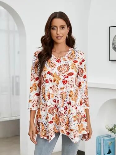 ENMAIN Ayollar Tunikasi Toplari 3/4 Uzunlikdagi Yenglilar Plus Size Leggingslar bilan Kiyish uchun Uzun Toplar Kundalik Keng Kiyim Erkin Bluzkalar - 3