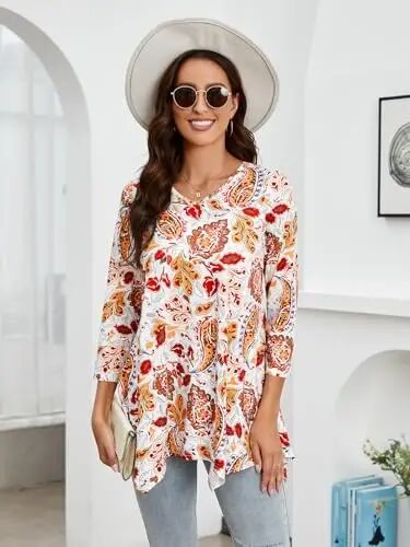ENMAIN Ayollar Tunikasi Toplari 3/4 Uzunlikdagi Yenglilar Plus Size Leggingslar bilan Kiyish uchun Uzun Toplar Kundalik Keng Kiyim Erkin Bluzkalar - 4
