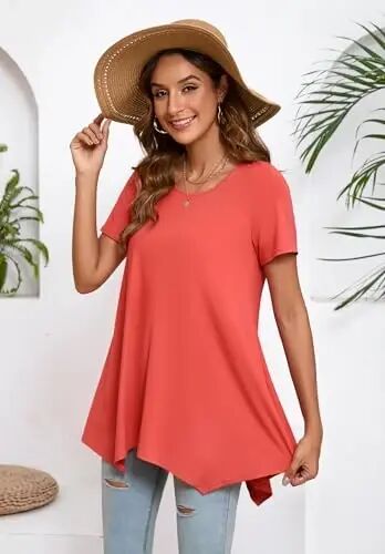 ENMAIN Ayollar uchun Plus Size qisqa yengli ustki kiyim, keng bichimli, ko‘rkam kundalik yozgi tunikalar, leggings bilan kiyish uchun. - 5