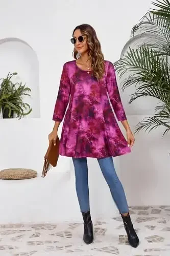 ENMAIN Ayollar uchun toplar 3/4 yengli chiroyli kundalik katta o'lchamdagi tunik toplar Legginglar bilan kiyish uchun Swing Flare futbolka Keng bichimli bluzkalar - 6