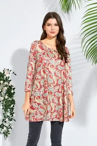 ENMAIN Ayollar uchun toplar 3/4 yengli katta o'lchamdagi tunikalar Leggings bilan kiyish uchun Hashamatli kundalik keng bluzkalar Swing Flare futbolka S-5XL - 3