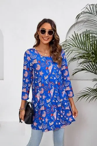 ENMAIN Ayollar uchun toplar 3/4 yengli katta o'lchamdagi tuniklar legginglar bilan kiyish uchun Hashamatli kundalik keng bluzkalar Swing Flare futbolka S-5XL - 5