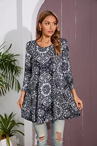 ENMAIN Ayollar uchun toplar 3/4 yengli katta o'lchamdagi tuniklar Leggings bilan kiyish uchun Hashamatli kundalik keng bluzkalar Swing Flare futbolka S-5XL - 3