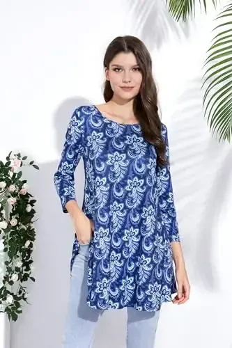 ENMAIN Ayollar uchun toplar 3/4 yengli katta o'lchamli tunikalar legginglar bilan kiyish uchun chiroyli kundalik keng bluzkalar Swing Flare futbolka S-5XL - 3