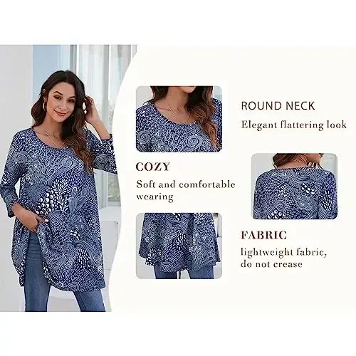 ENMAIN Ayollar uchun toplar 3/4 yengli katta o'lchamli tunikalar legginglar bilan kiyish uchun chiroyli kundalik keng bluzkalar Swing Flare futbolka S-5XL - 6