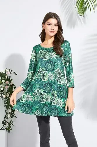 ENMAIN Ayollar uchun toplar 3/4 yengli katta o'lchamli tunikalar legginglar bilan kiyish uchun chiroyli kundalik keng bluzkalar Swing Flare futbolka S-5XL - 3