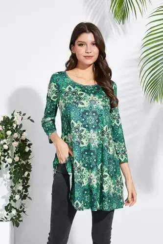 ENMAIN Ayollar uchun toplar 3/4 yengli katta o'lchamli tunikalar legginglar bilan kiyish uchun chiroyli kundalik keng bluzkalar Swing Flare futbolka S-5XL - 4