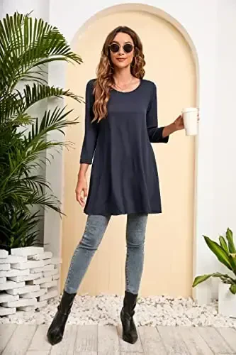 ENMAIN Ayollar uchun toplar 3/4 yengli katta o'lchamli tunikalar legginglar bilan kiyish uchun chiroyli kundalik keng bluzkalar Swing Flare futbolka S-5XL - 5