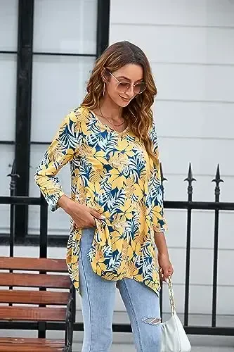 ENMAIN Ayollar uchun toplar 3/4 yengli katta o'lchamli tunikalar legginglar bilan kiyish uchun chiroyli tasodifiy keng bluzkalar Swing Flare futbolka S-5XL - 5