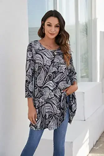 ENMAIN Ayollar uchun toplar 3/4 yengli katta o'lchamli tunikalar legginglar bilan kiyish uchun nafis kundalik keng bluzkalar Swing Flare futbolka S-5XL - 3