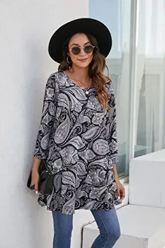 ENMAIN Ayollar uchun toplar 3/4 yengli katta o'lchamli tunikalar legginglar bilan kiyish uchun nafis kundalik keng bluzkalar Swing Flare futbolka S-5XL - 4