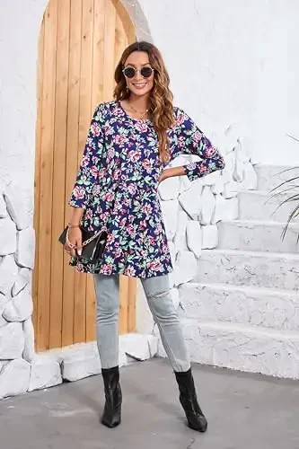 ENMAIN Ayollar uchun toplar 3/4 yengli katta o'lchamli tunikalar legginglar bilan kiyish uchun zamonaviy kundalik keng bluzkalar Swing Flare futbolka S-5XL - 5