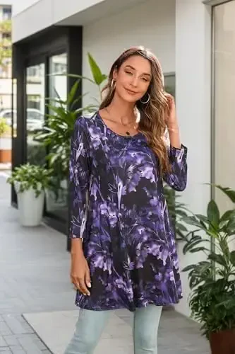 ENMAIN Ayollar uchun toplar 3/4 yengli katta o'lchamli tunikalar Leggings bilan kiyish uchun Hashamatli kundalik keng bluzkalar Swing Flare futbolka S-5XL - 2