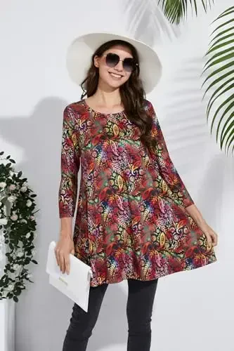 ENMAIN Ayollar uchun toplar 3/4 yengli katta o'lchamli tuniklar Leggings bilan kiyish uchun Hashamatli kundalik keng bluzkalar Swing Flare futbolka S-5XL - 6