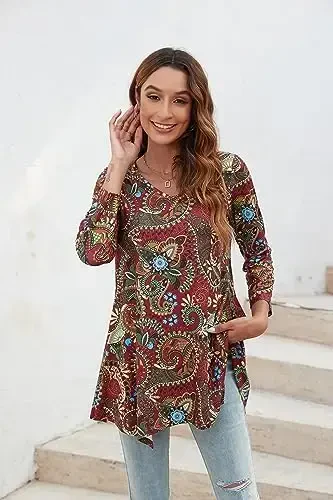 ENMAIN Ayollar uchun toplar 3/4 yengli, leggingslar bilan kiyish uchun katta o'lchamli tunika toplar, keng ko'ylaklar, erkin bluzkalar - 3