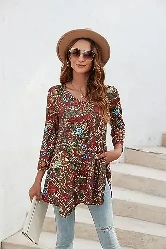 ENMAIN Ayollar uchun toplar 3/4 yengli, leggingslar bilan kiyish uchun katta o'lchamli tunika toplar, keng ko'ylaklar, erkin bluzkalar - 4