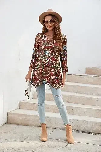 ENMAIN Ayollar uchun toplar 3/4 yengli, leggingslar bilan kiyish uchun katta o'lchamli tunika toplar, keng ko'ylaklar, erkin bluzkalar - 6