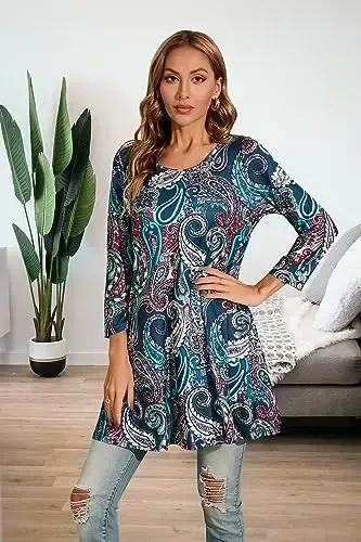 ENMAIN Ayollar uchun toplar 3/4 yengli nafis kundalik katta o'lchamdagi tunik toplar Leggings bilan kiyish uchun Swing Flare futbolka keng bichimli bluzkalar - 2