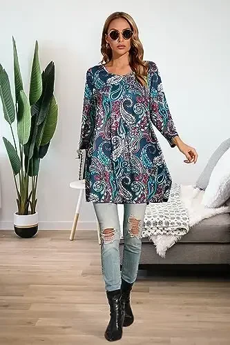 ENMAIN Ayollar uchun toplar 3/4 yengli nafis kundalik katta o'lchamdagi tunik toplar Leggings bilan kiyish uchun Swing Flare futbolka keng bichimli bluzkalar - 5