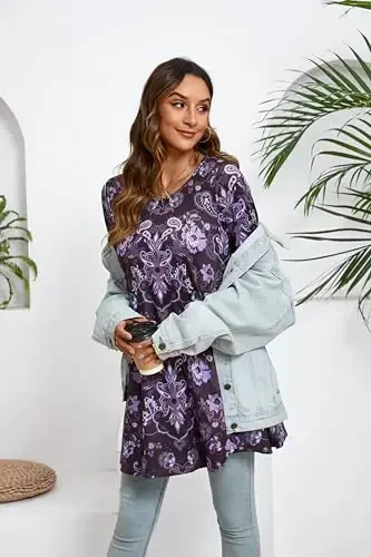 ENMAIN Ayollar uchun toplar 3/4 yengli nafis kundalik katta o'lchamdagi tunika toplari Leggings bilan kiyish uchun Swing Flare futbolka keng bichimli bluzkalar - 5