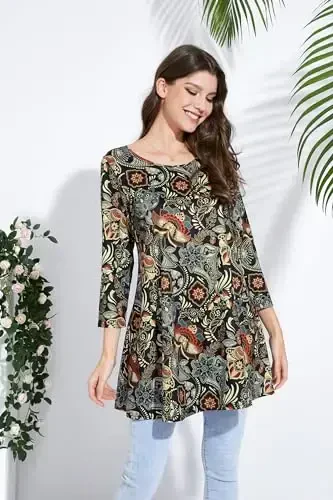 ENMAIN Ayollar uchun toplar 3/4 yengli oqlangan kundalik katta o'lchamli tunika toplar Leggings bilan kiyish uchun Swing Flare futbolka keng bichimli bluzkalar - 3