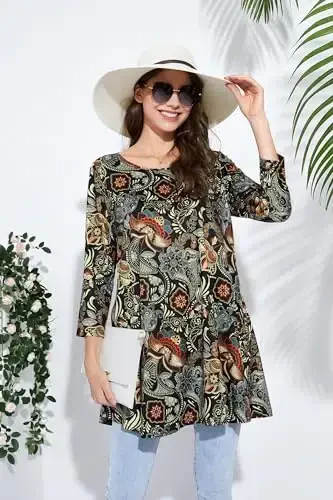 ENMAIN Ayollar uchun toplar 3/4 yengli oqlangan kundalik katta o'lchamli tunika toplar Leggings bilan kiyish uchun Swing Flare futbolka keng bichimli bluzkalar - 4