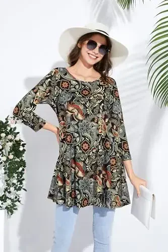 ENMAIN Ayollar uchun toplar 3/4 yengli oqlangan kundalik katta o'lchamli tunika toplar Leggings bilan kiyish uchun Swing Flare futbolka keng bichimli bluzkalar - 5