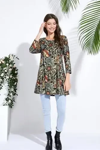 ENMAIN Ayollar uchun toplar 3/4 yengli oqlangan kundalik katta o'lchamli tunika toplar Leggings bilan kiyish uchun Swing Flare futbolka keng bichimli bluzkalar - 6