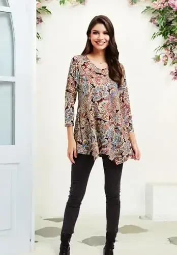 ENMAIN ayollar uchun tunik tepalari 3/4 yengli katta o'lchamli ayollar tunikalari keng bichimli gulli yubkali ayollar bluzasi legginslar uchun - 6