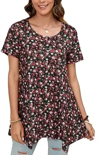 ENMAIN Ayollar uchun tunika toplamlari katta o'lchamli qisqa yengli top keng bichimli chiroyli kundalik yozgi tunikalar Leggings bilan kiyish uchun toplar 