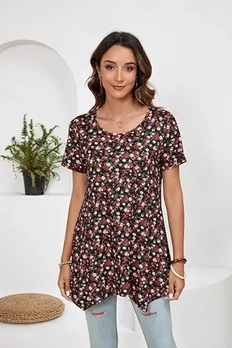 ENMAIN Ayollar uchun tunika toplamlari katta o'lchamli qisqa yengli top keng bichimli chiroyli kundalik yozgi tunikalar Leggings bilan kiyish uchun toplar - 4