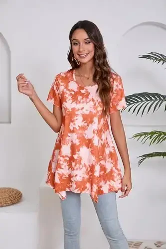 ENMAIN Ayollar uchun tunika toplamlari Plus Size Qisqa yengli Top Bo'sh Kiyimli Kundalik Swing Yozgi Tuniklar Leggings bilan kiyish uchun toplar - 3