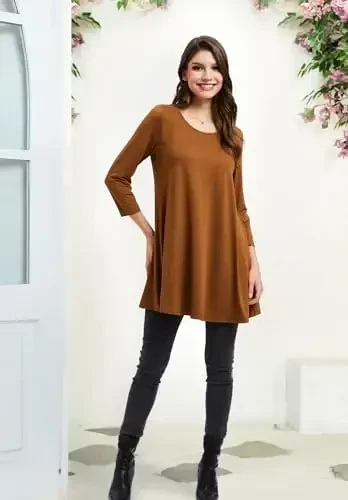 ENMAIN Ayollar uchun tunika toplari 3/4 yengli katta o'lchamdagi ayollar tunikalari Keng bichimli gulli belbog'li ayollar bluzasi legginglar uchun - 6