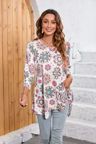 ENMAIN Ayollar uchun tunika toplari 3/4 yengli katta o'lchamli ayollar tunikalari Bo'sh gul naqshli keng etekli ayollar bluzkasi legginglar uchun - 3