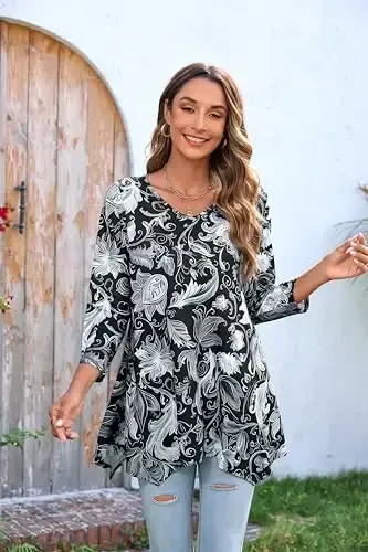 ENMAIN Ayollar uchun tunika toplari 3/4 yengli katta o'lchamli ayollar tunikalari keng bichimli gul naqshli keng etekli ayollar bluzasi legginglar uchun - 4