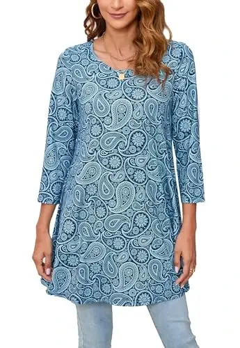 ENMAIN Tunic Tops for Women 3/4 Sleeve Plus Size Women's Tunics Loose Fit Floral Swing Flare Ladies Blouse for Leggings 