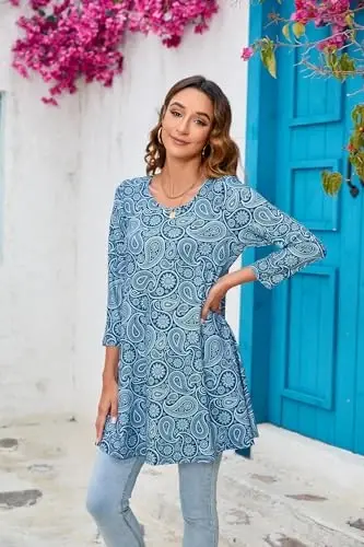 ENMAIN Tunic Tops for Women 3/4 Sleeve Plus Size Women's Tunics Loose Fit Floral Swing Flare Ladies Blouse for Leggings - 4