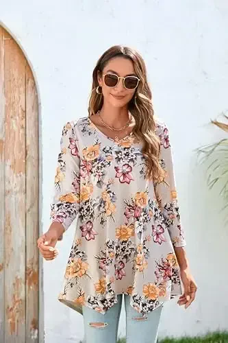 ENMAIN Ayollar uchun tunika toplari 3/4 yengli katta o'lchamli ayollar tunikalari keng bichimli gulli kengaytiruvchi ayollar bluzasi legginglar uchun - 2