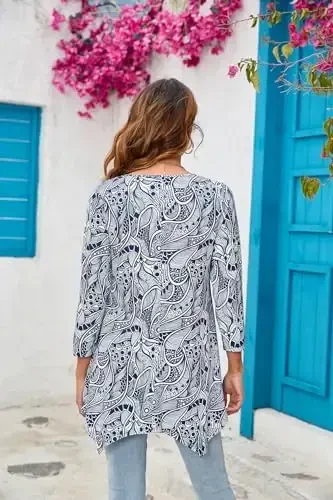 ENMAIN Ayollar uchun tunika toplari 3/4 yengli katta o'lchamli ayollar tunikalari keng bichimli gulli kengaytiruvchi ayollar bluzasi legginslar uchun - 2