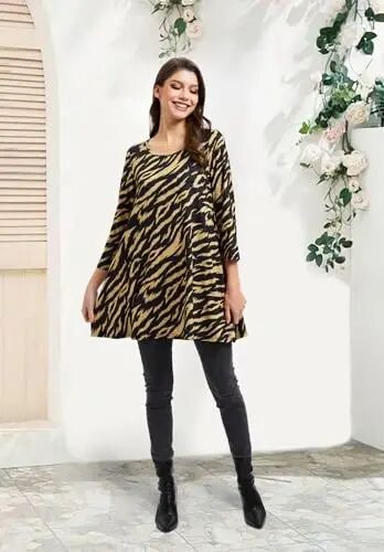 ENMAIN Ayollar uchun tunika toplari 3/4 yengli katta o'lchamli ayollar tunikalari Keng bichimli gulli kengaytmali ayollar bluzasi Leggings uchun - ENMAIN